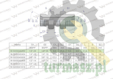 Złączka hydrauliczna calowa grodziowa BB 1/8" BSP z przeciwnakrętką (XSV) Waryński ( sprzedawane po 2 )