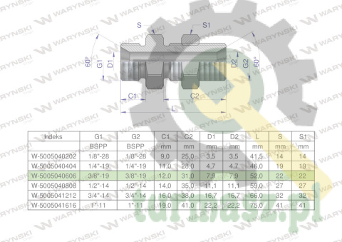 Złączka hydrauliczna calowa grodziowa BB 3/8" BSP z przeciwnakrętką (XSV) Waryński ( sprzedawane po 2 )