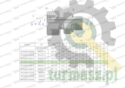 Przyłączka hydrauliczna AB (EVGE) M18x1.5 12L x 3/8" BSP ED Waryński ( sprzedawane po 2 )