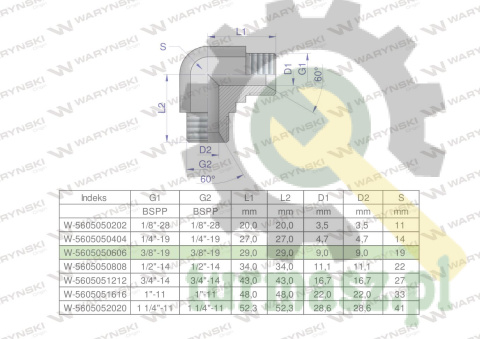 Kolanko hydrauliczne calowe BB 3/8" BSP (XW) Waryński ( sprzedawane po 5 )